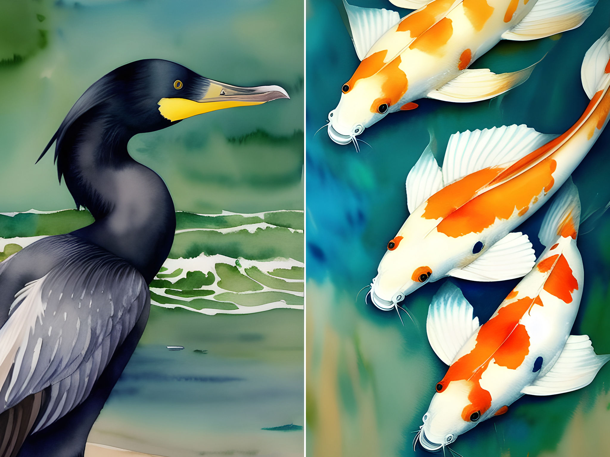 Cormorant & Koi - Watercolor